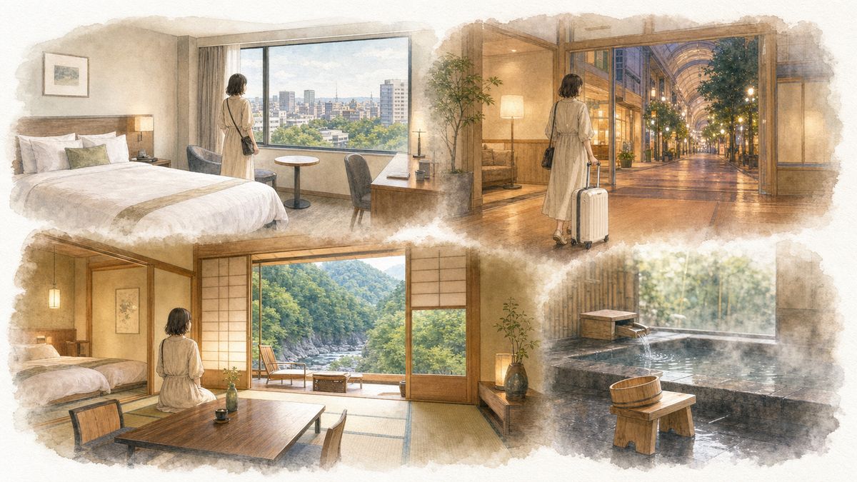 仙台でひとり旅向けの仙台駅周辺ホテル、国分町・一番町のシティホテル、秋保温泉宿の魅力をやわらかく表現したイラスト