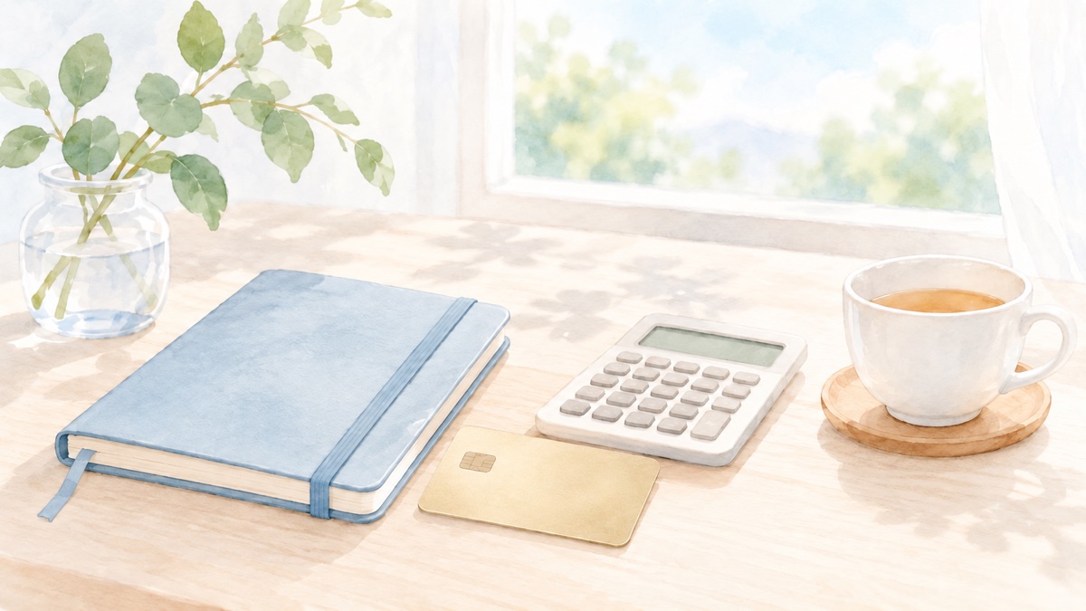 カードと家計簿をいったん置いて無理な支出をしない判断を表したイメージ