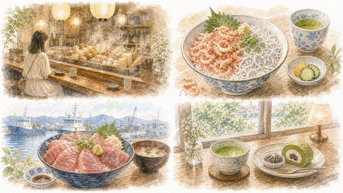 静岡でひとりでも入りやすい桜えびとしらすの定食、清水のマグロ、静岡おでん、抹茶と煎茶のカフェの魅力をやわらかく表現したイラスト