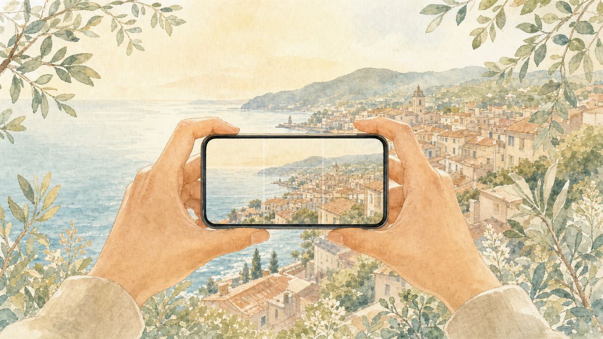 グリッド線を表示したスマホで景色を撮る、構図の基本がわかる場面
