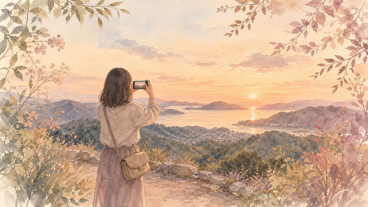 夕景に向かってひとりで写真を撮る後ろ姿