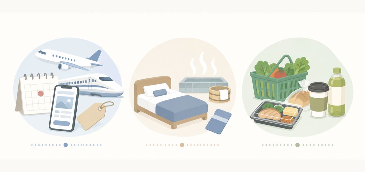 早割を狙うカレンダーとスマホ、ひとり利用のビジネスホテルのベッドと大浴場、スーパーの惣菜やパンとコーヒーを、交通費・宿泊費・食費の節約として並べたイラスト