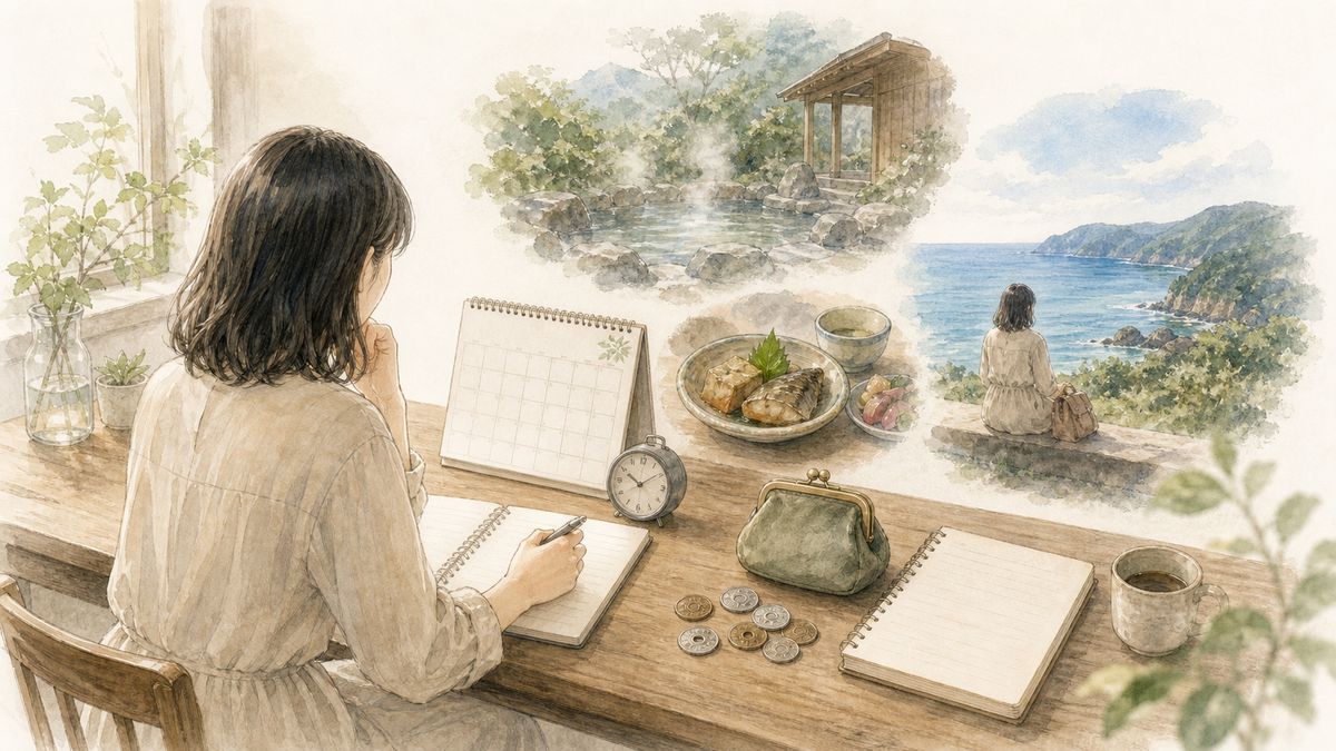 ひとり旅の計画で最初に決める日数・予算・目的の3つを、カレンダーや財布、行き先のモチーフでやわらかく表現したイラスト