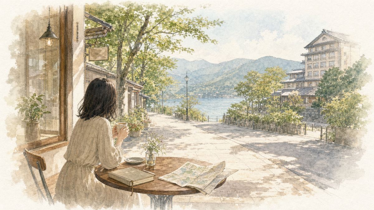 予定を詰め込まず余白を楽しむひとり旅を、カフェで休む後ろ姿やゆったりした時間のモチーフでやわらかく表現したイラスト