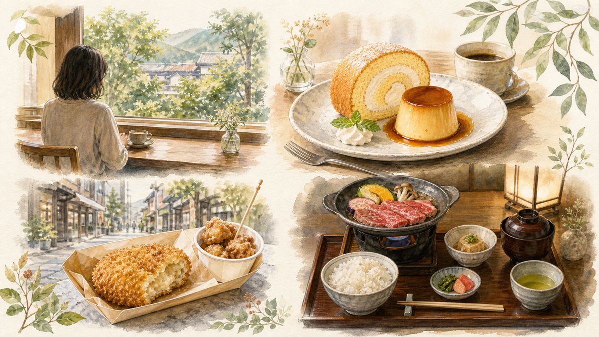 由布院でひとりでも楽しめる湯の坪街道の食べ歩きスイーツ、湖畔のカフェ、豊後牛のごはん、宿の食事の魅力をやわらかく表現したイラスト